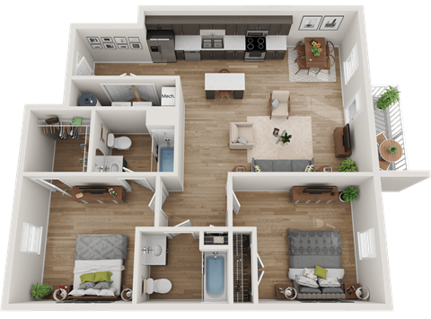 Floor plan for 2 beds, 2 baths, 1104 sqft